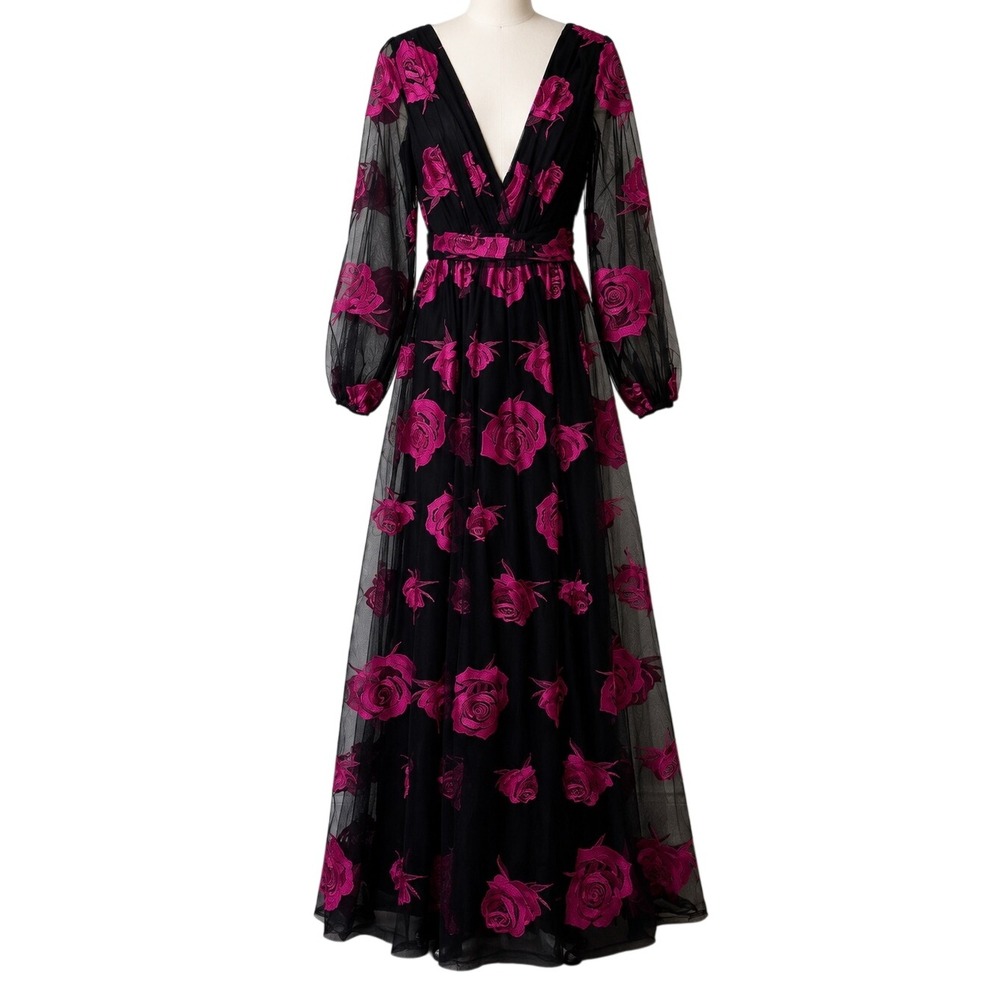 ML Monique Lhuillier Rose Embroidered Tulle Maxi Gown Size 4 Black Pink NWOT